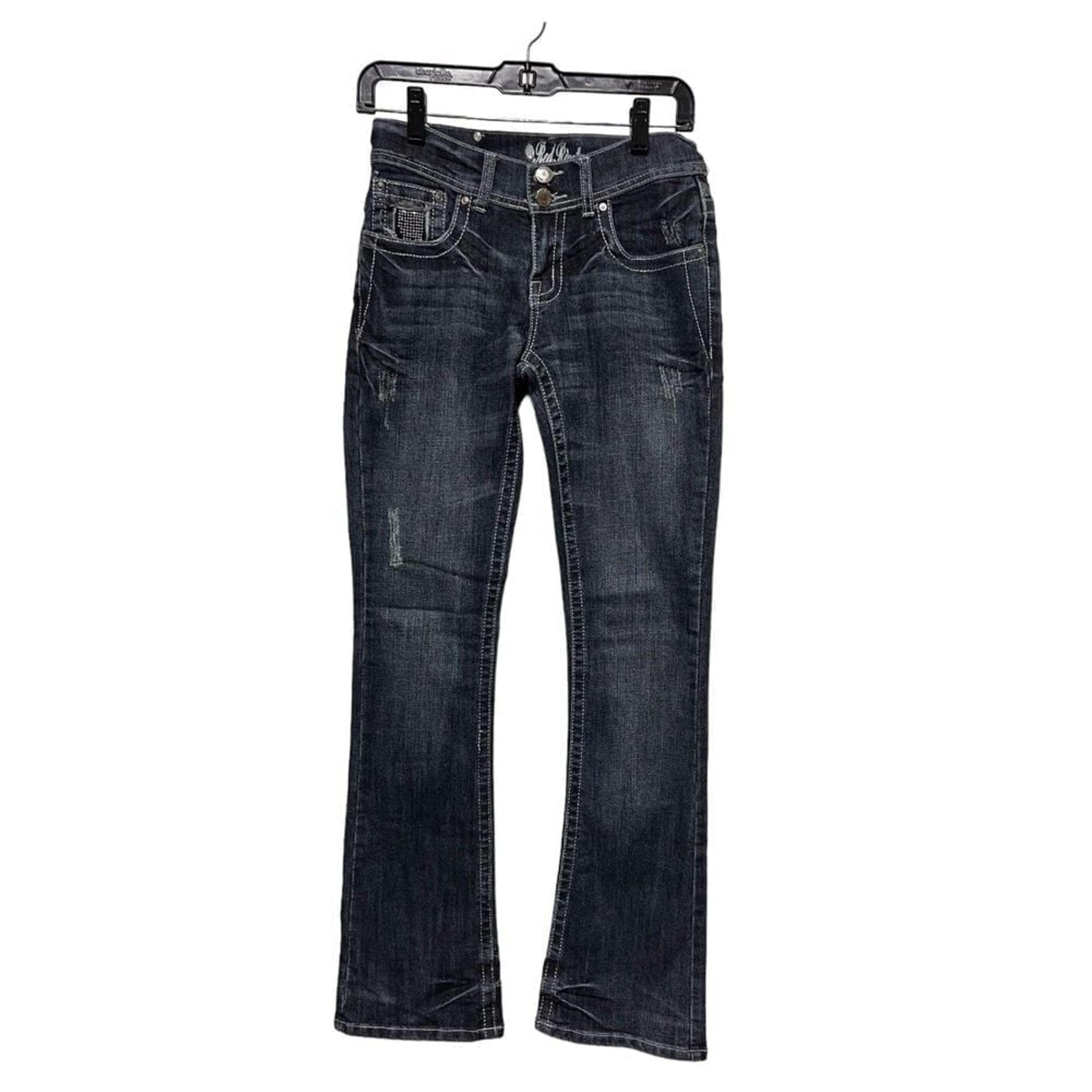 Red Rivet Jeans Women Size 7 Distressed Low Rise Studs Bling flared Leg CDA-C