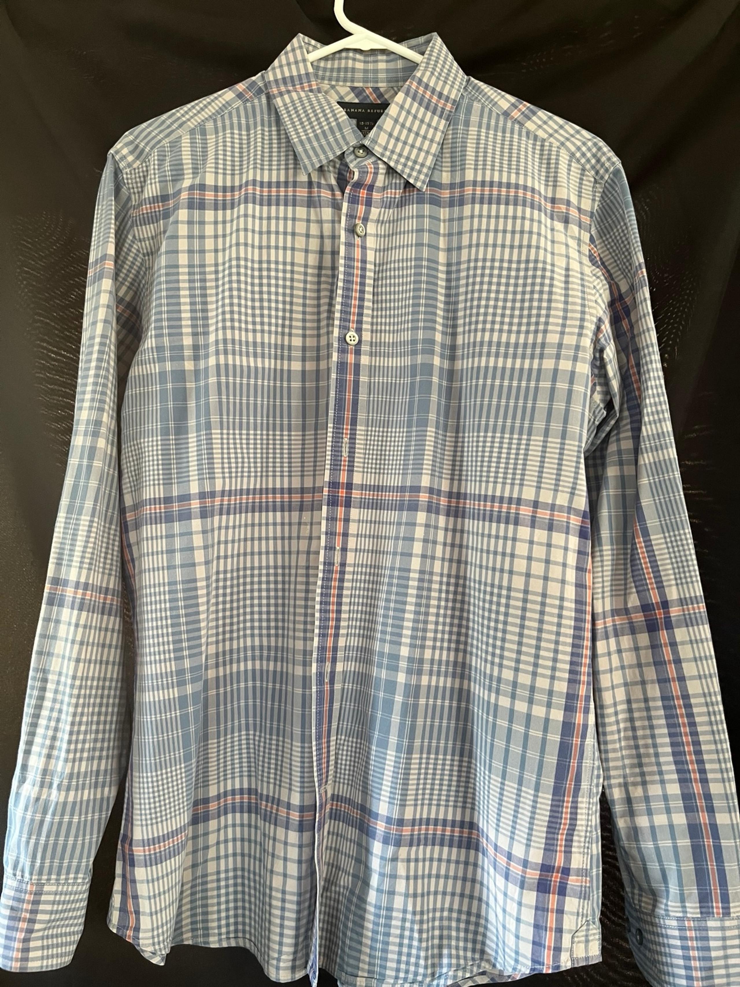 Men’s Banana Republic 100% cotton size 15-15 1/2 light blue and pink plaid shirt