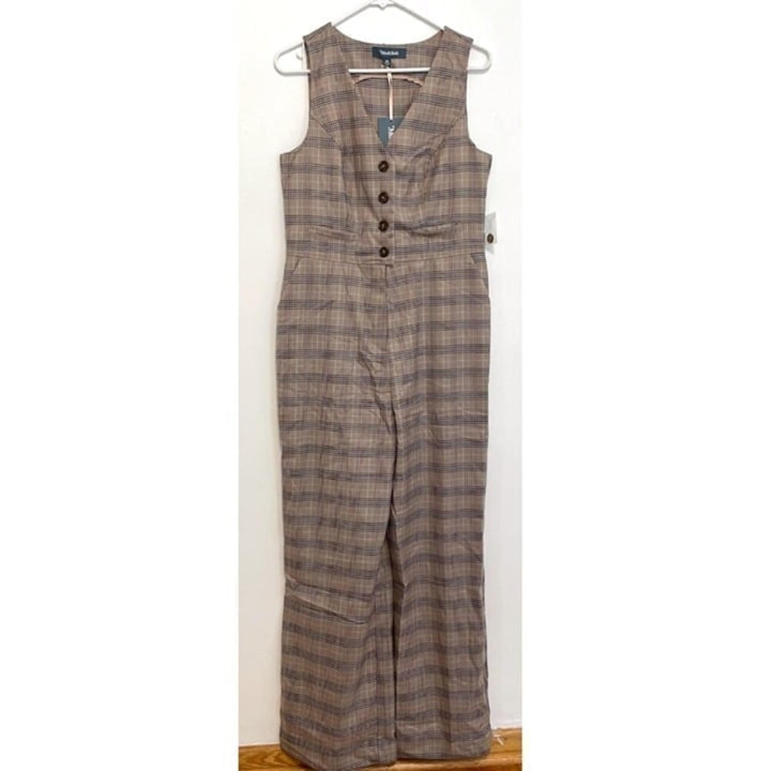 NEW NWT MODCLOTH Plaid Appeal Vest Jumpsuit Tan Brown Blue Sleeveless Retro 70s