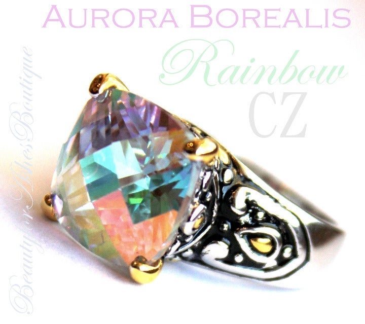 Gods Fire Throne Room Aurora Borealis AB Rainbow Ice Checker Cut CZ Ring Size 9