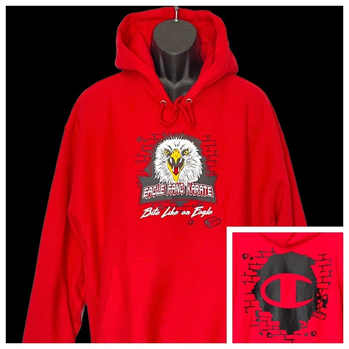 Champion X Cobra Kai Sweatshirt Hoodie 2XL Red Eagle Fang Karate Reverse Weave