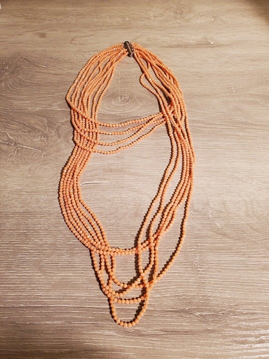 Antique Stunning CORAL Seed Bead multi strand NECKLACE. 925 sterling silver