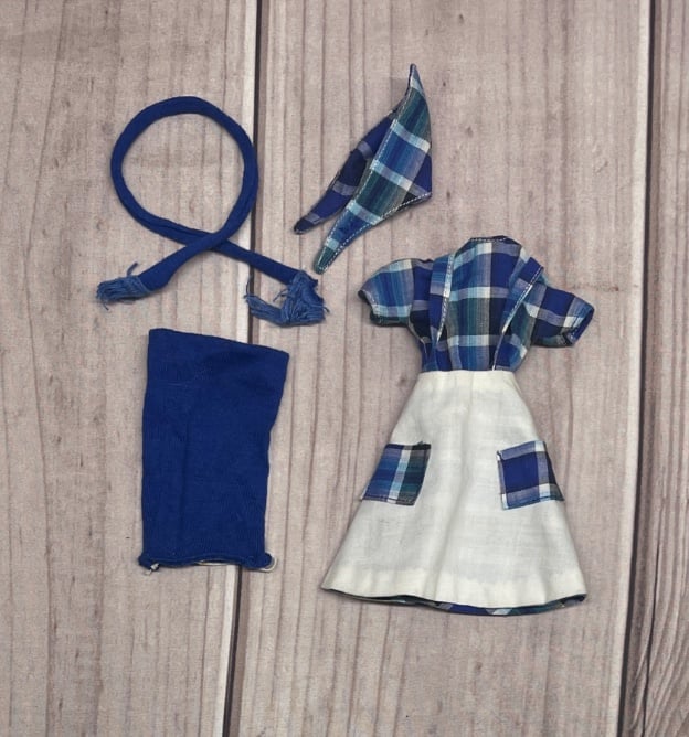 Vintage Barbie Knit Separates #1602 Skirt Scared Blue + Plaid Dress Apron Hanky