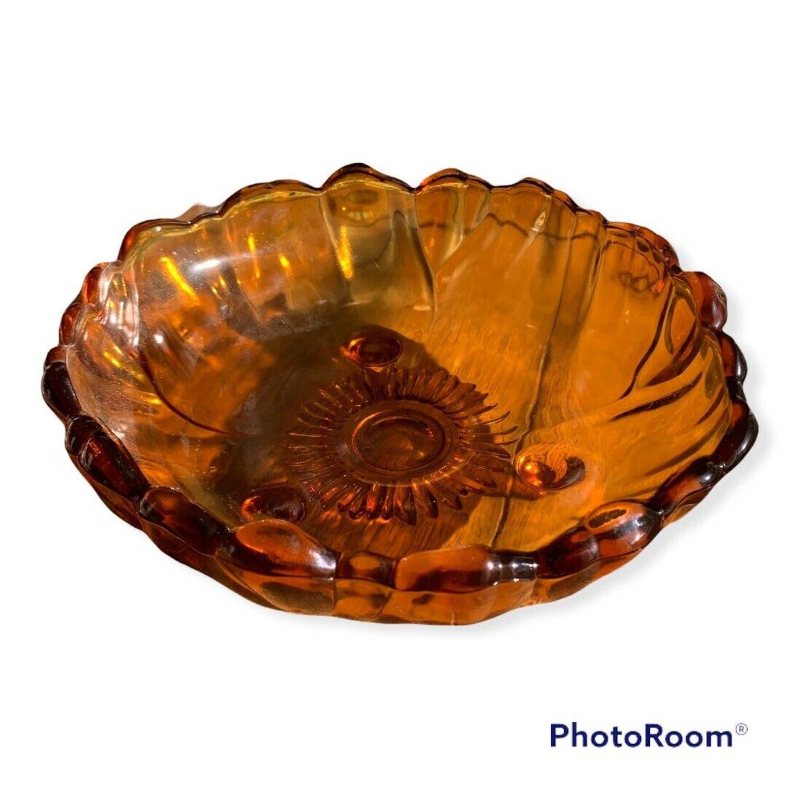 Vintage Mid-Century Indiana Colony Glass Amber Sunflower Footed Salad Bowl