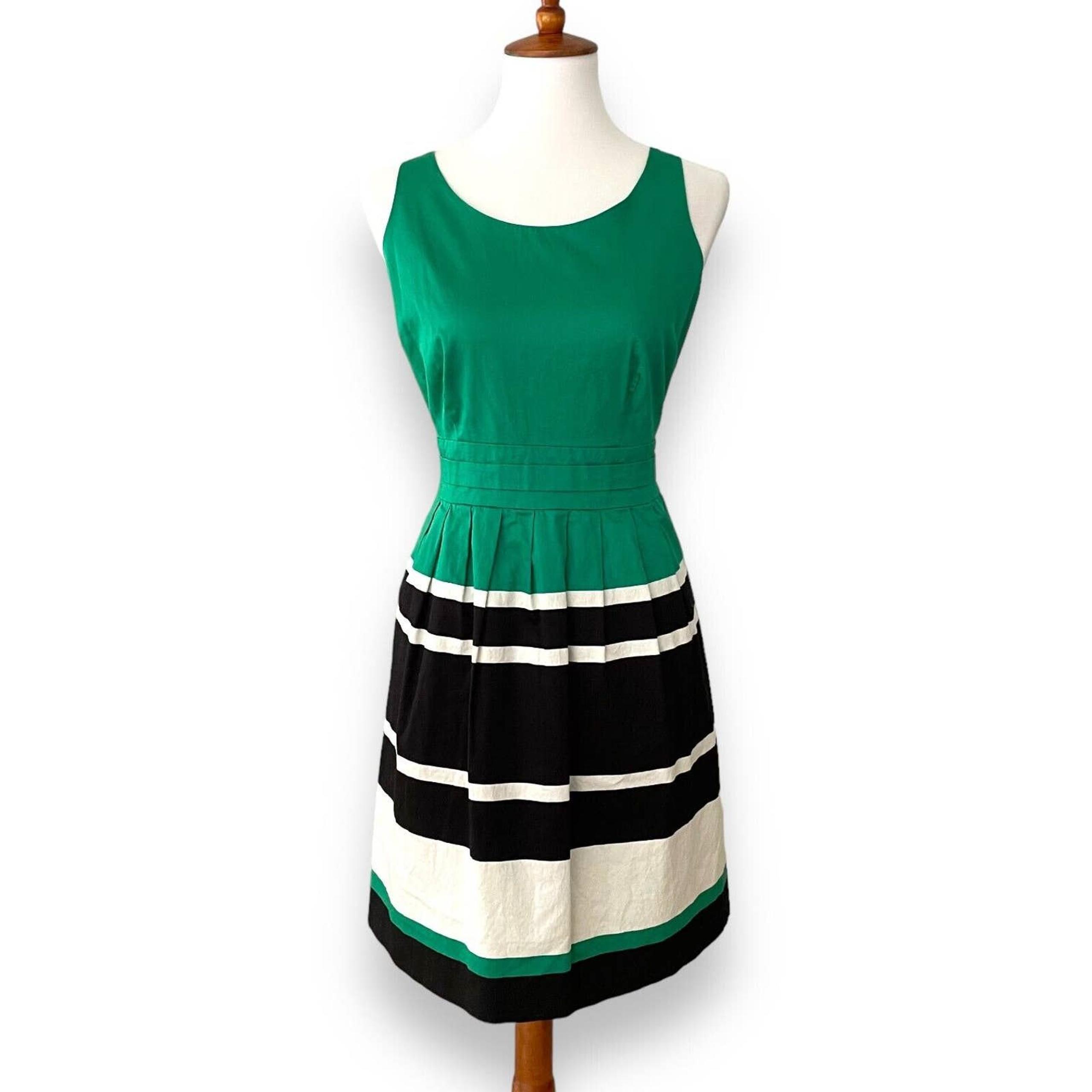 The Limited Green Black Ivory Colorblock Sleeveless Pleated A-Line Dress Size 10
