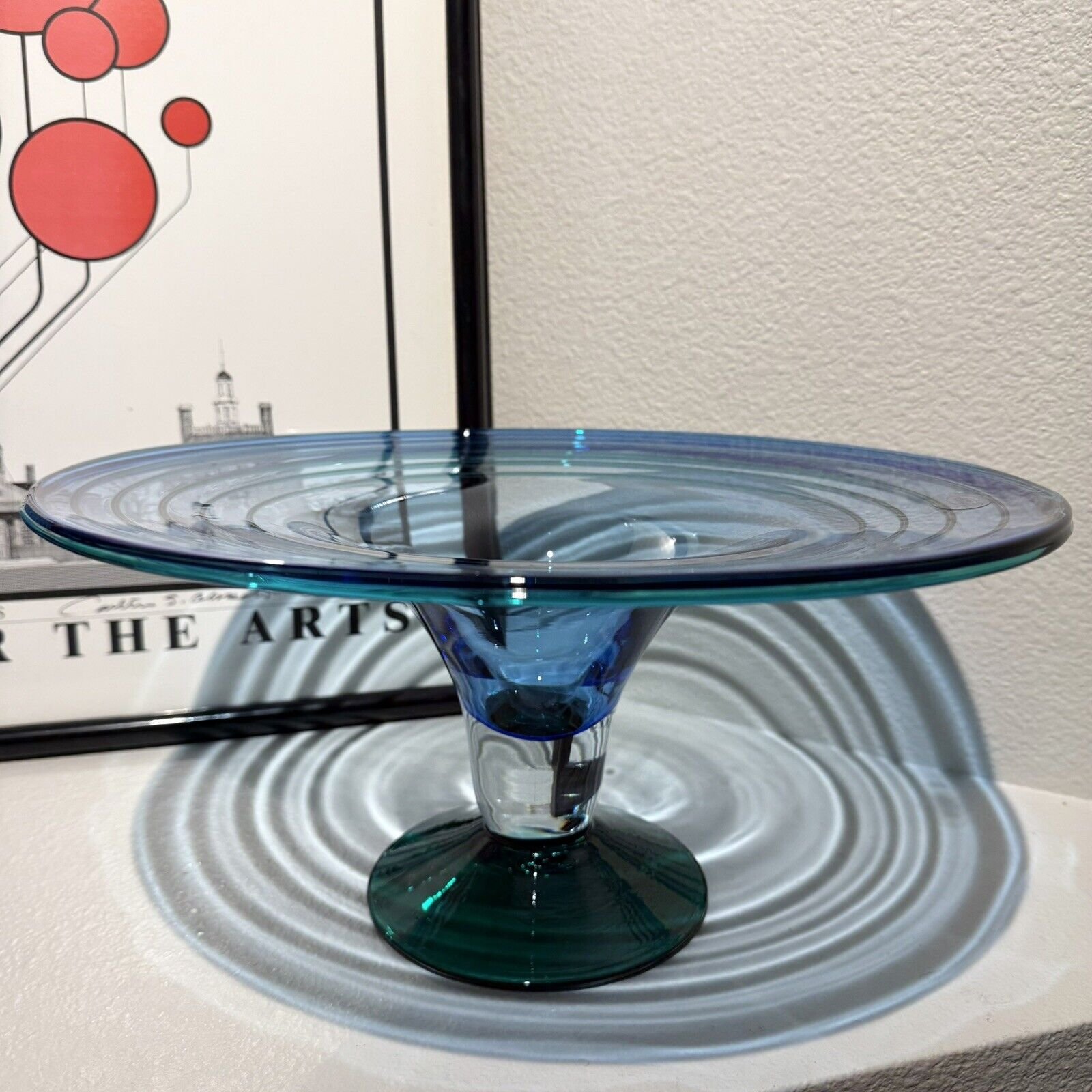 Signed Richard Blenko Glass Centerpiece Console Bowl Azure Emerald Blue Footed