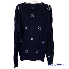 Vintage Gant Hand Intarsia Cable Knit Sweater Argyle Print V Neck Blue Large