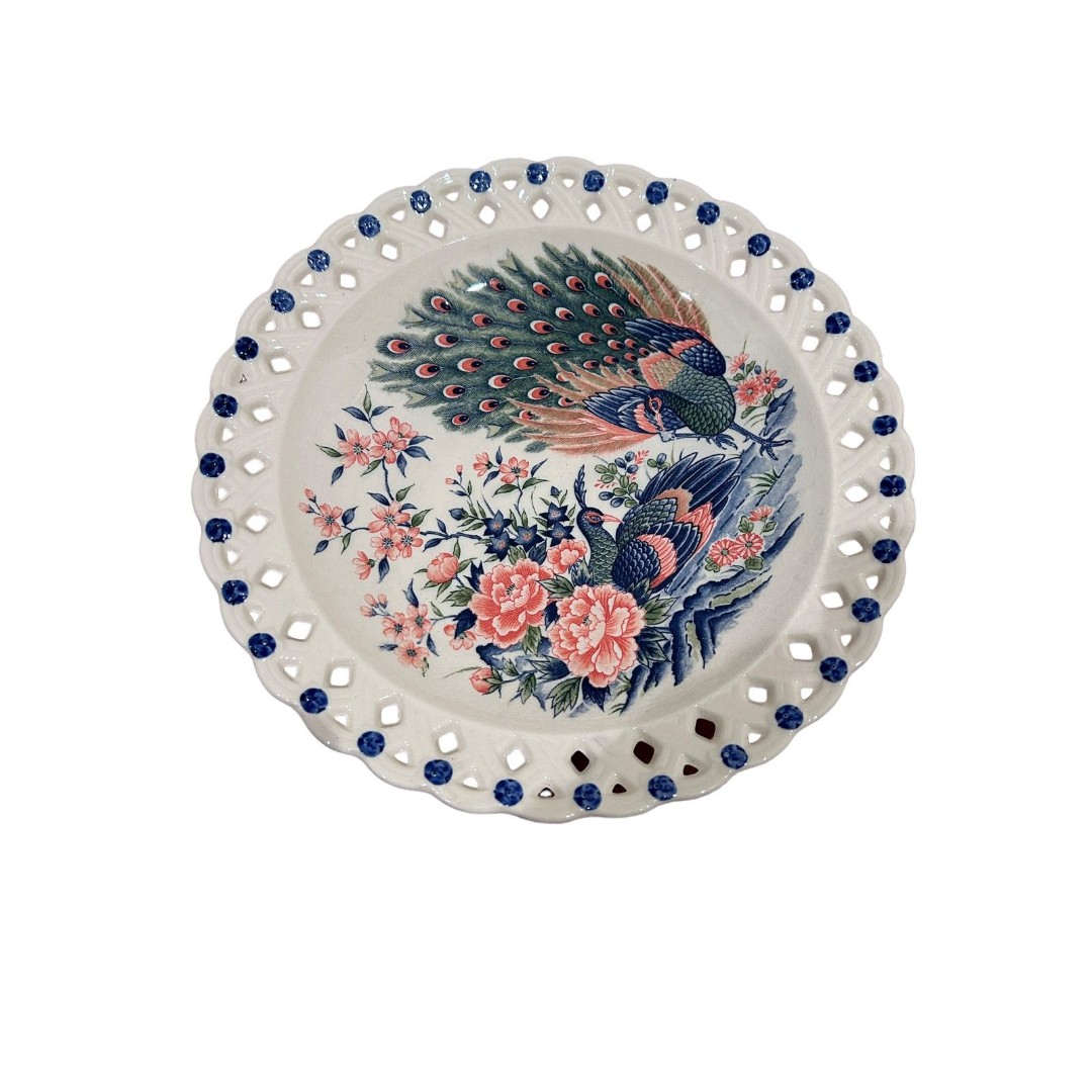 Vintage Hand Painted Peacock Platter Plate, 12 3/4 D X 1 1/2 H