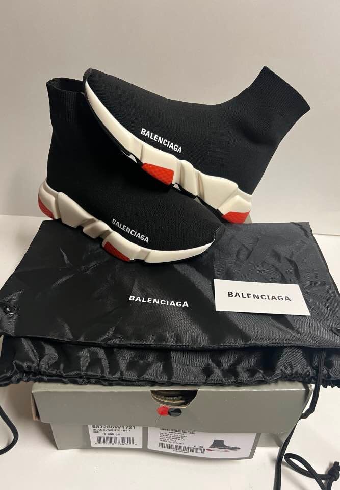 Balenciaga Speed Trainers Knit Sock Black Red White/ Black Women size 8
