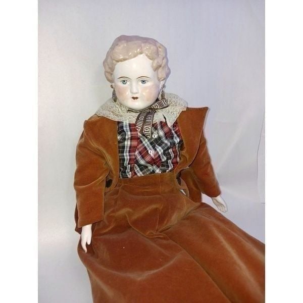 German China Doll Head Vintage Large Blonde Brass Earrings 29 Brown Dress