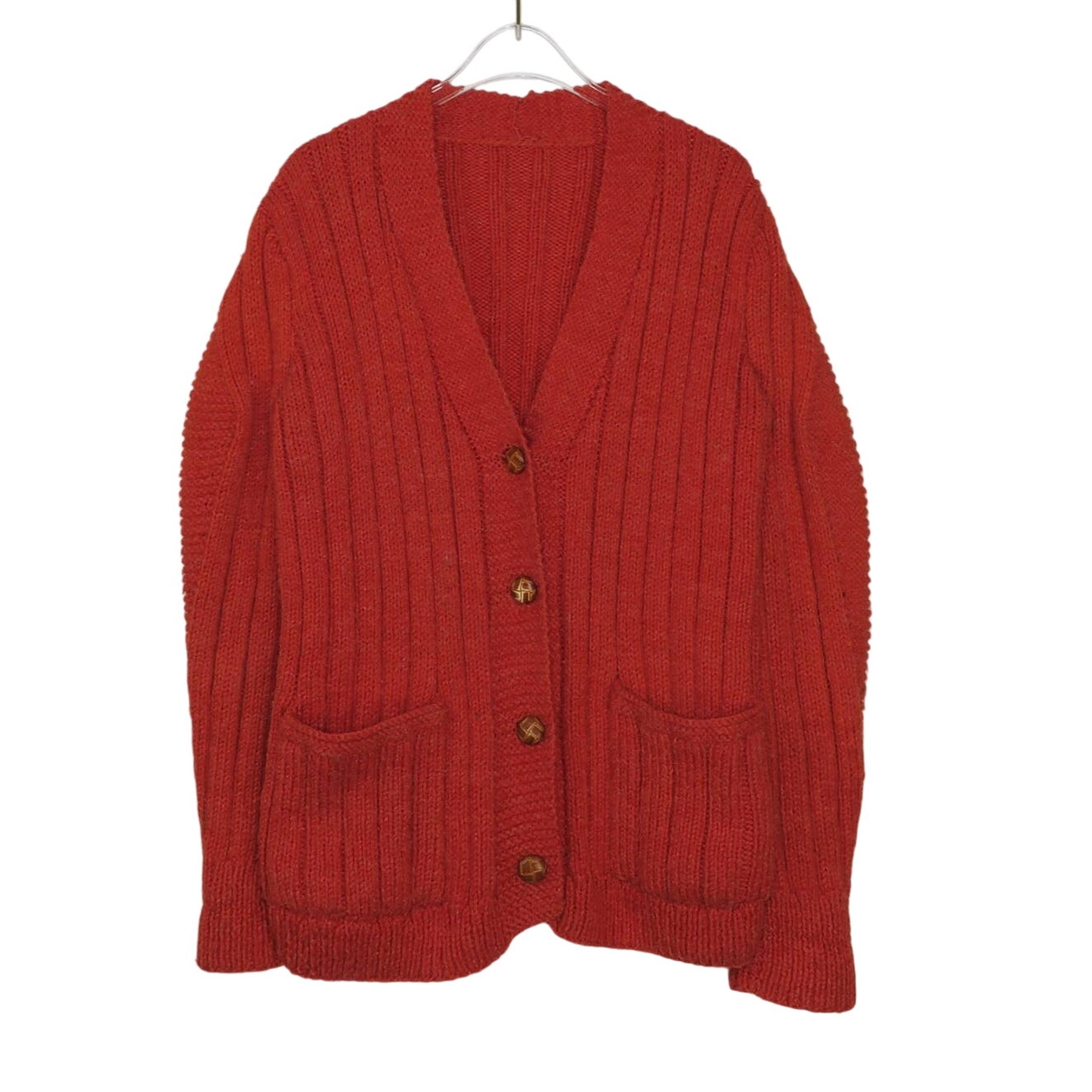 1970s Vintage Sweater Handmade Chunky Knit Orange Cardigan Medium