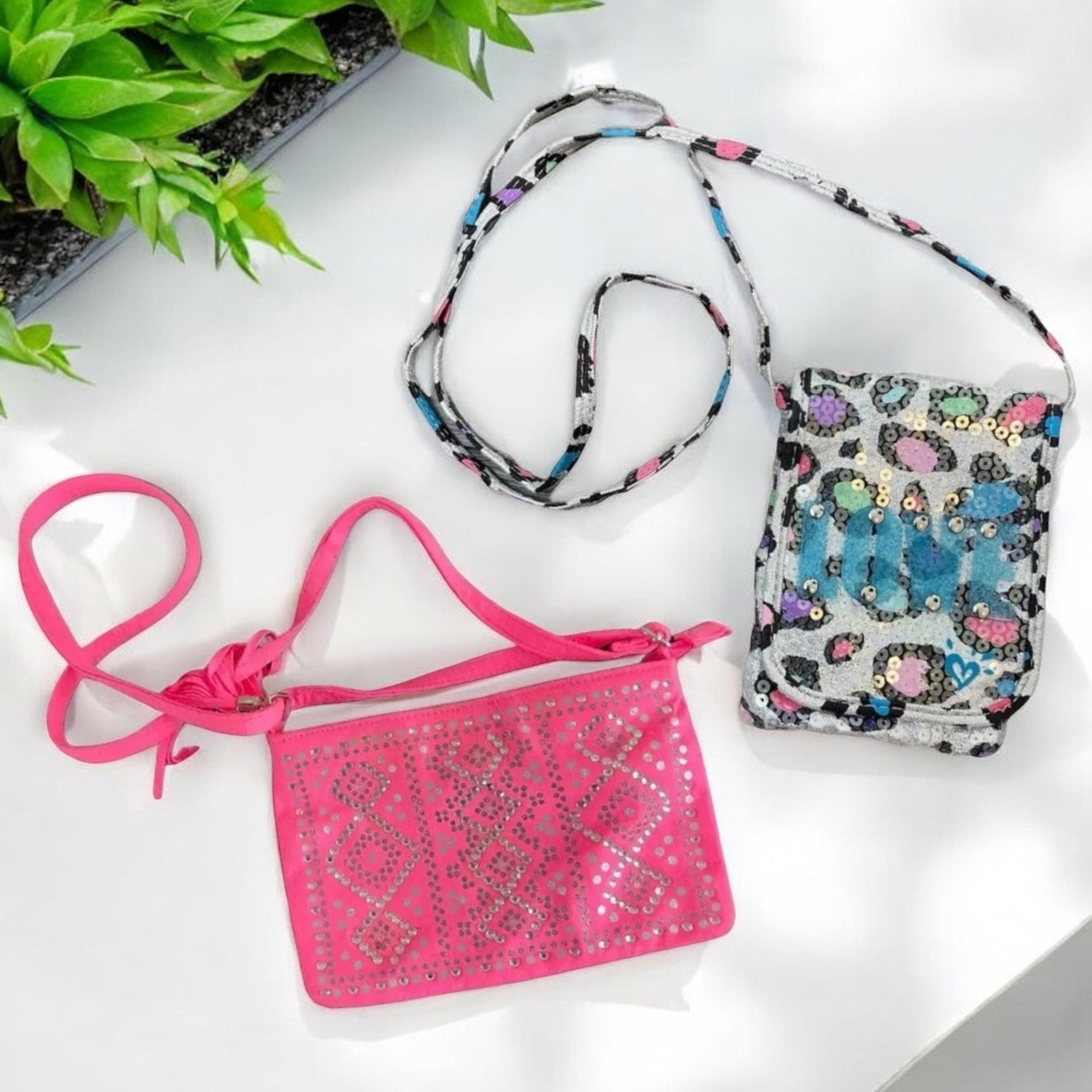 Lot of 2 Justice Purses Pink with Straps and White Blue Cheetah Print