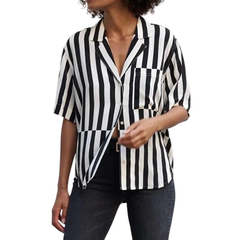 AYR The Pool Boy Top Button Up Short Sleeve Silk Blend Black White Womens Size M