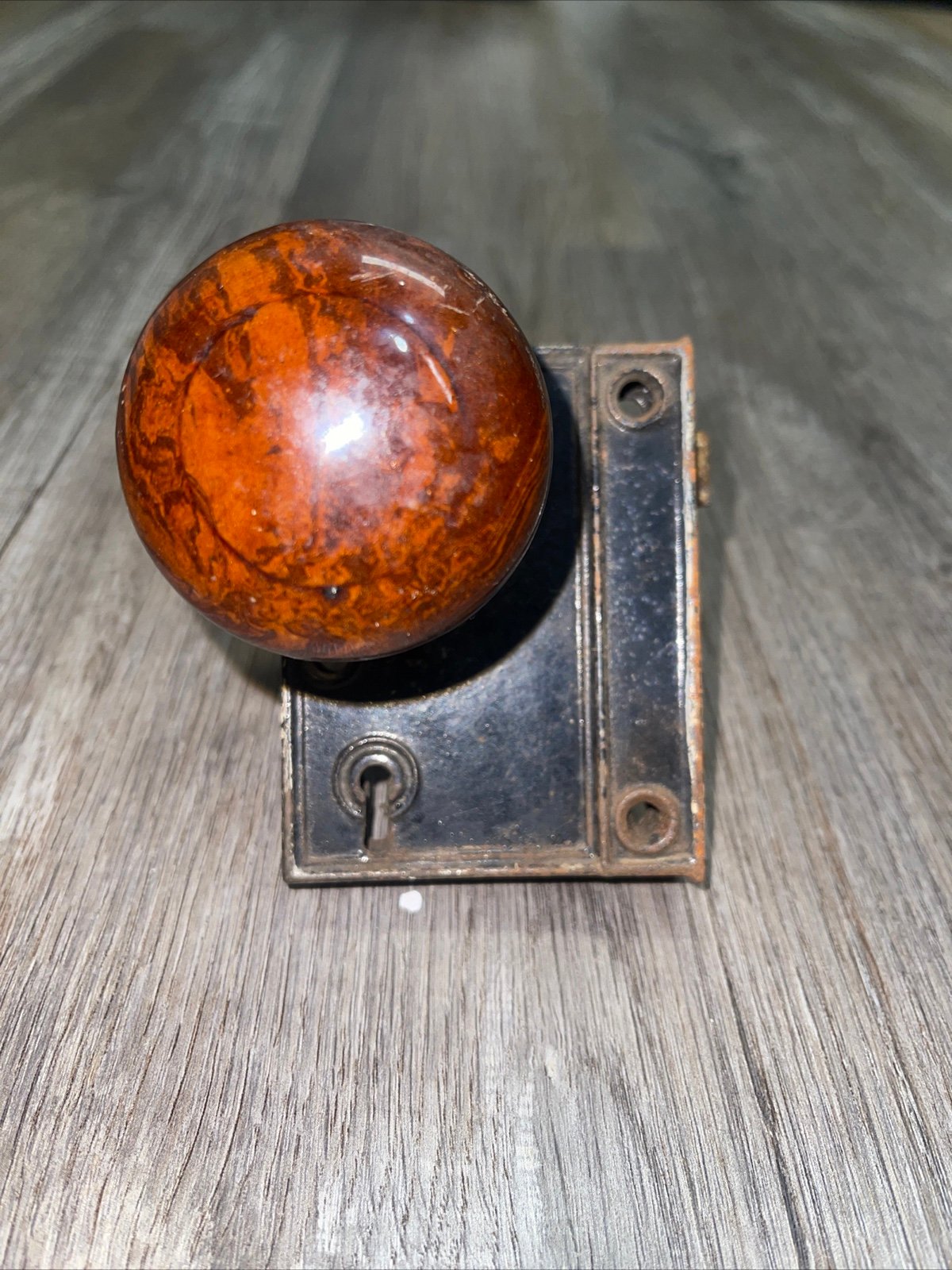Antique Brown Tiger Porcelain Victorian Double Door Knob W/Door Mechanism