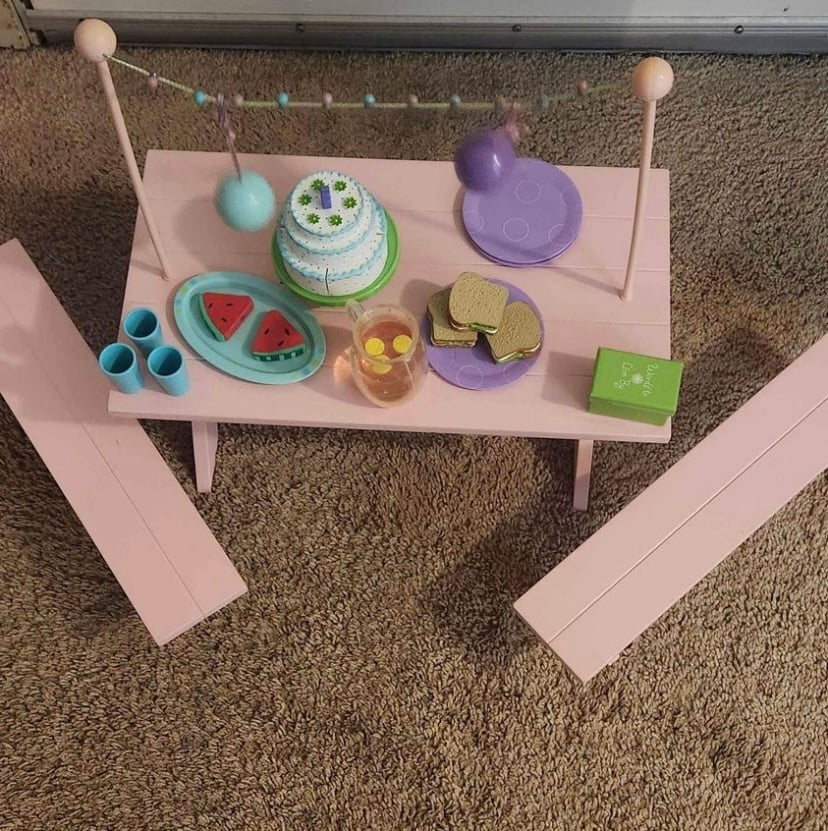 American Girl Chrissa's picnic table, party treats.