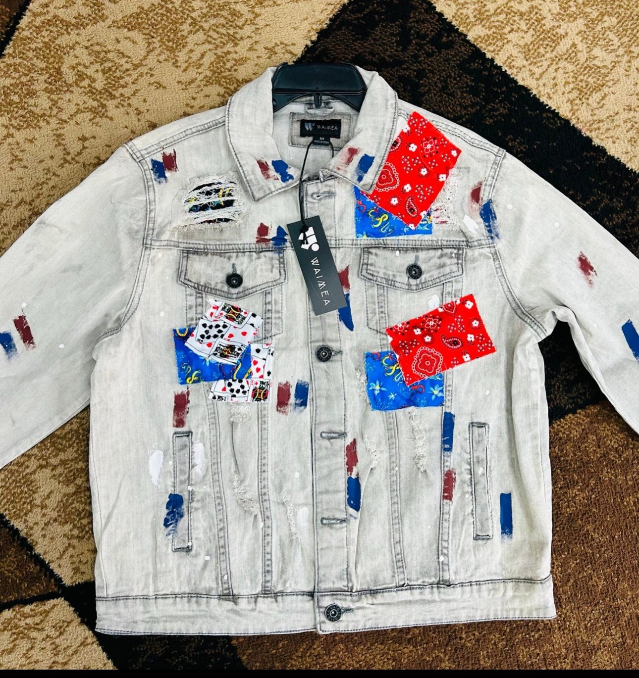 Medium Waimea Grey Paisley Patch Denim Jean Jacket in