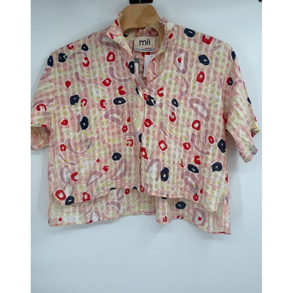 Mii Aux Cyclades Pink La Salade Grecque Button Short Sleeve Shirt NWT Sz M 225