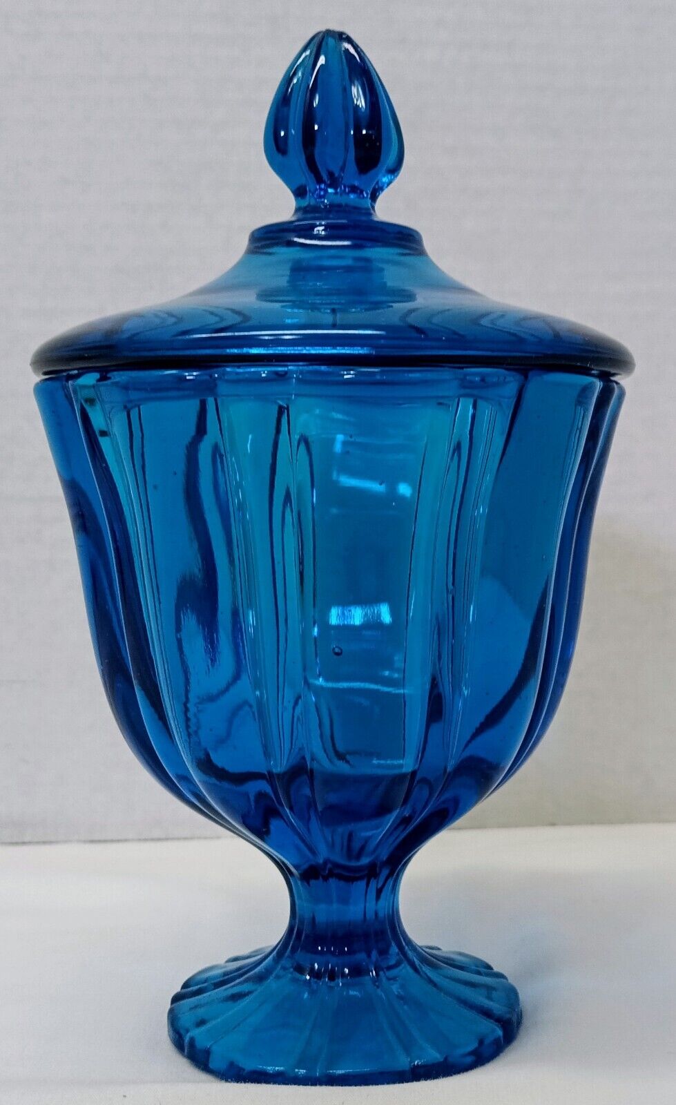 Gorgeous Vintage MCM LE Smith Bright Blue Glass Lidded Pedestal Candy Dish Nice!
