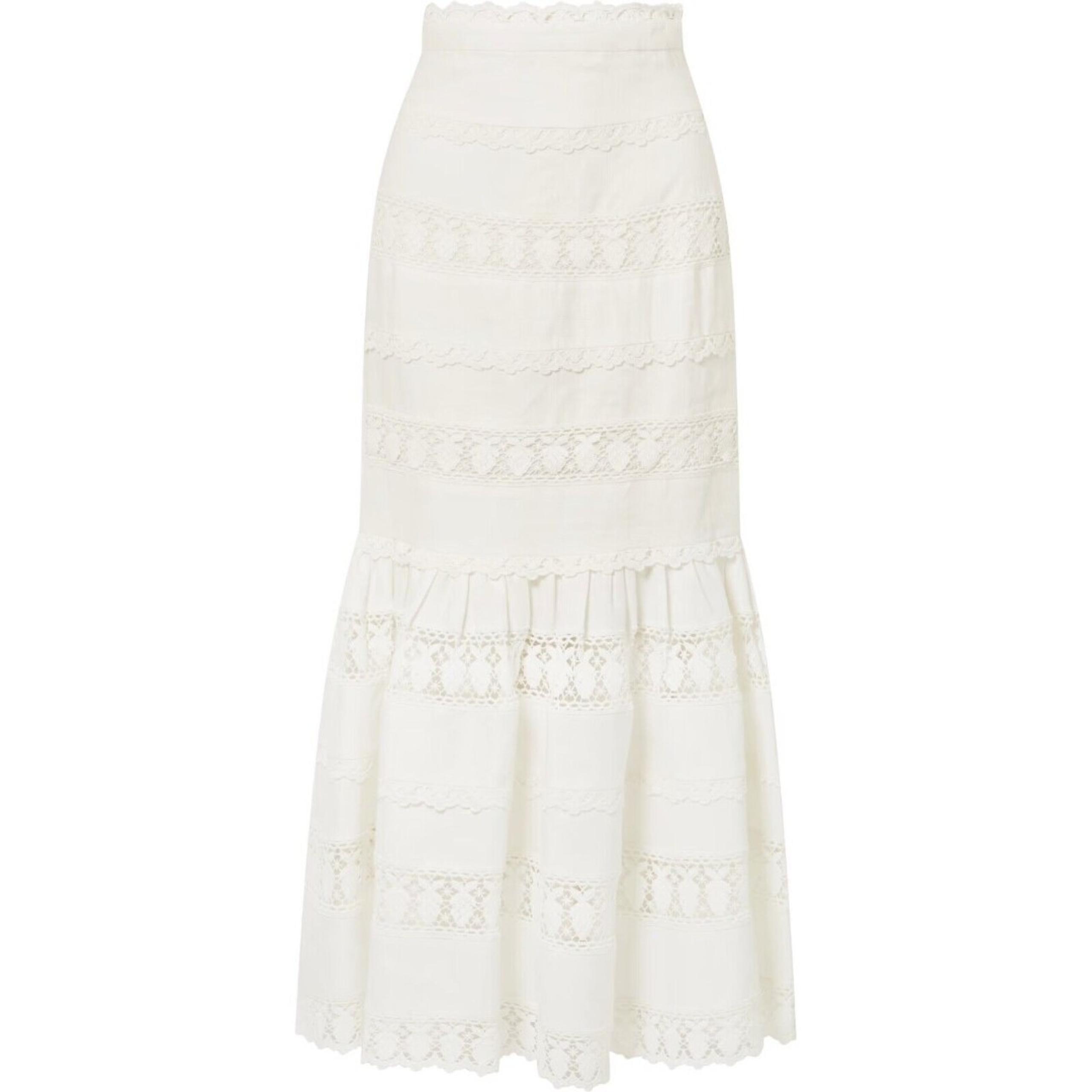 ZIMMERMANN Women’s Wayfarer Fluted Crochet Lace Trim Linen Maxi Skirt size 2/M