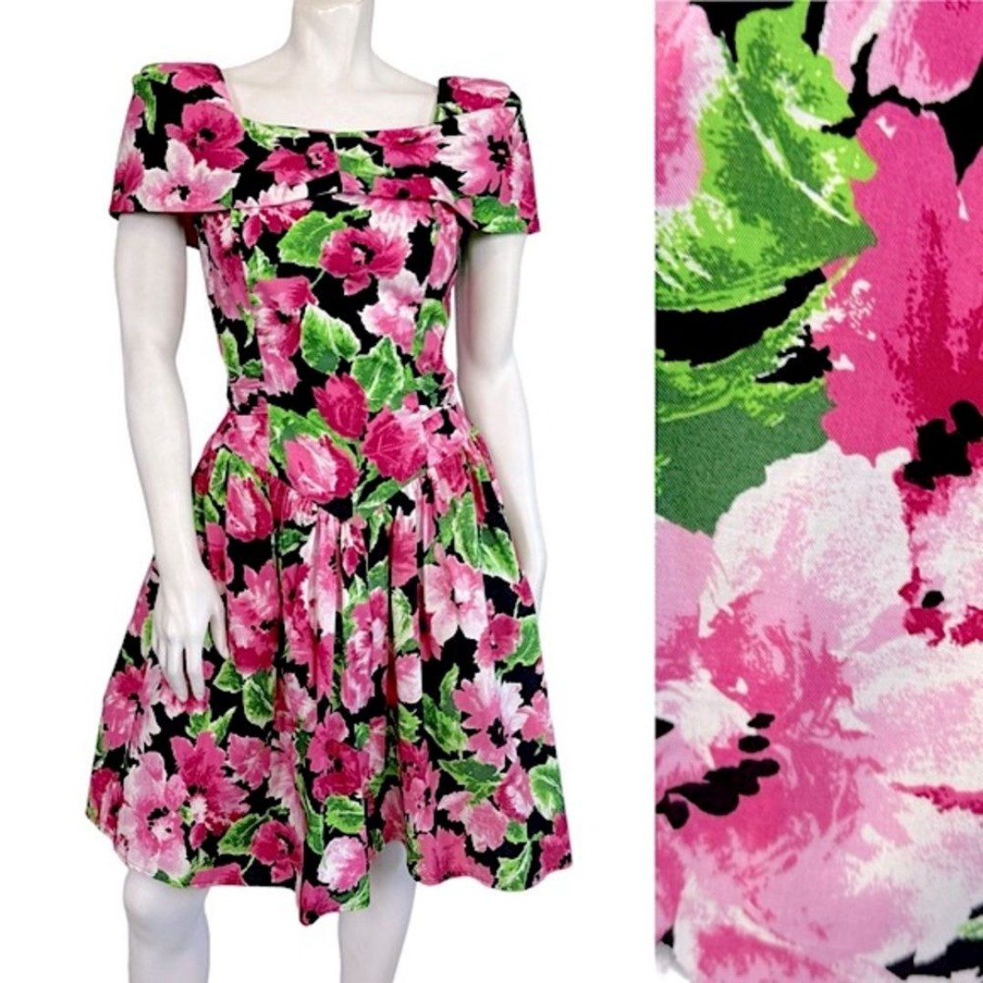 VINTAGE 80’s 90’s Byer Too Pink Green Floral Cotton Drop Waist Party Dress