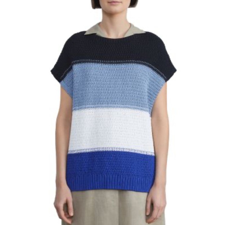 NWT LAFAYETTE 148 Womens S Bateau-Neck Sweater Top in Navy Blue/White Multi