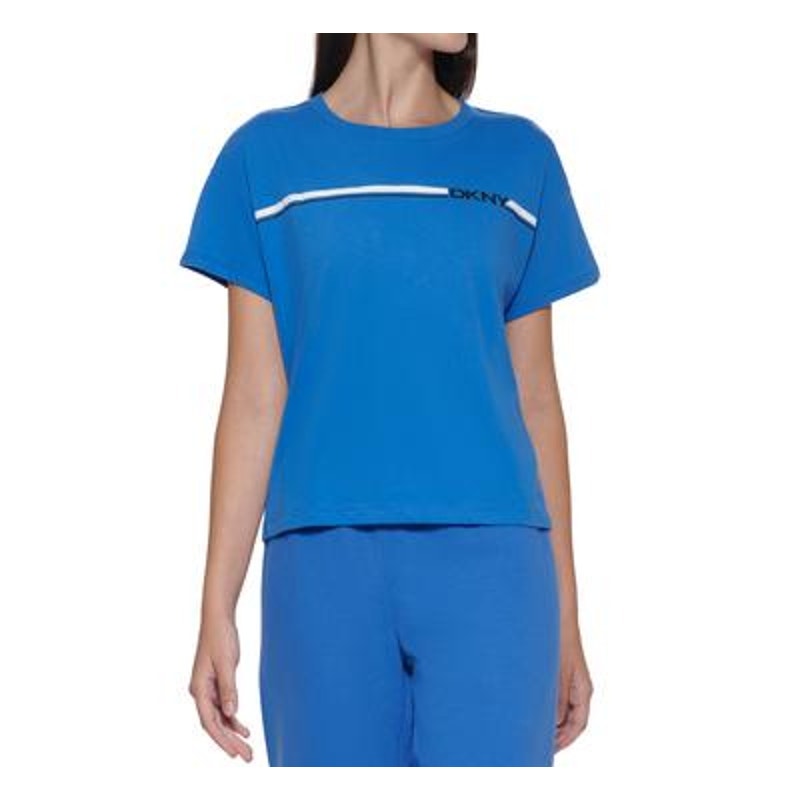 DKNY Womens Cotton Logo-Stripe Cropped T-Shirt Azul X-Small