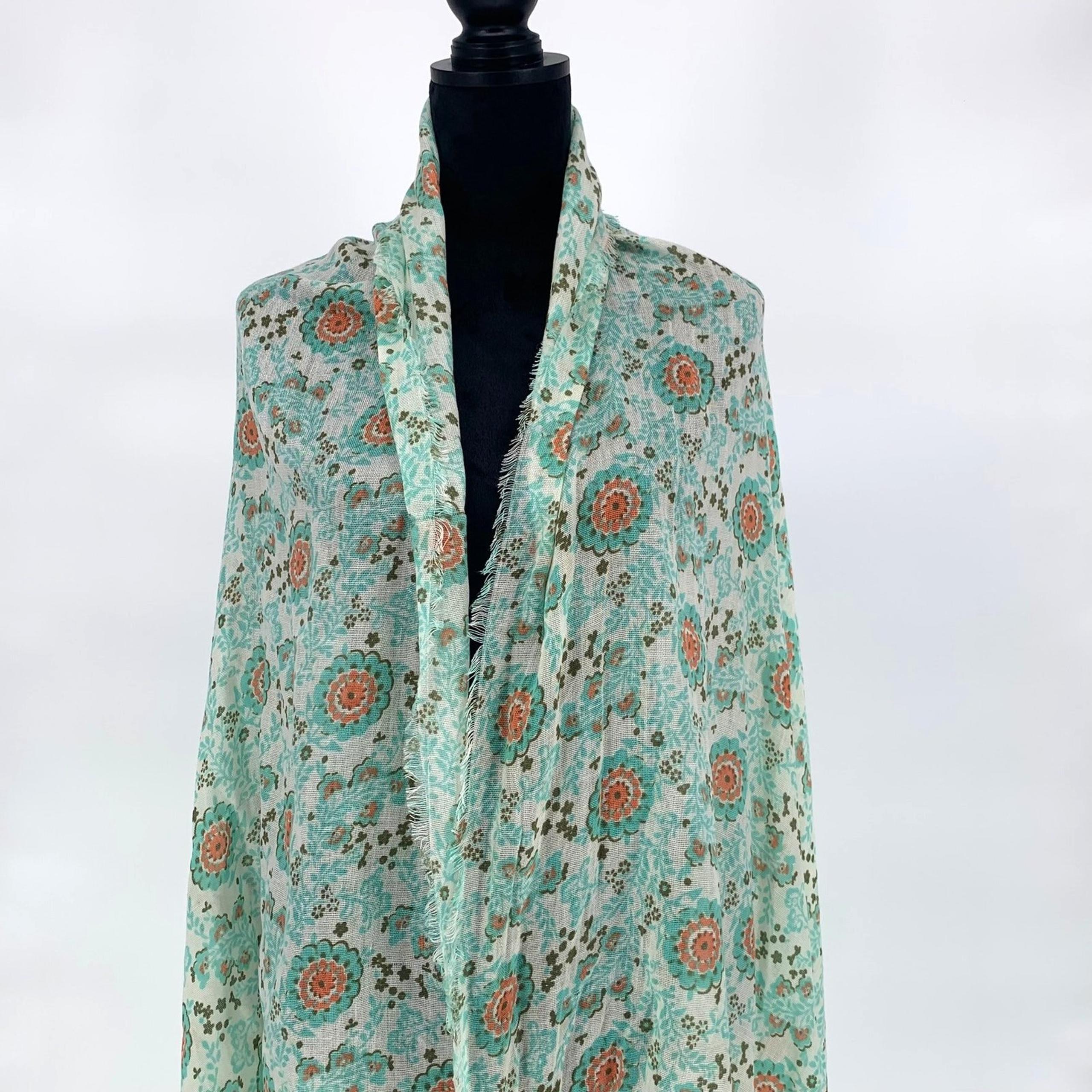 Scarf Women's Blue Orange Flowers Cottage Prairie 72" X 44" Wrap Stole READ