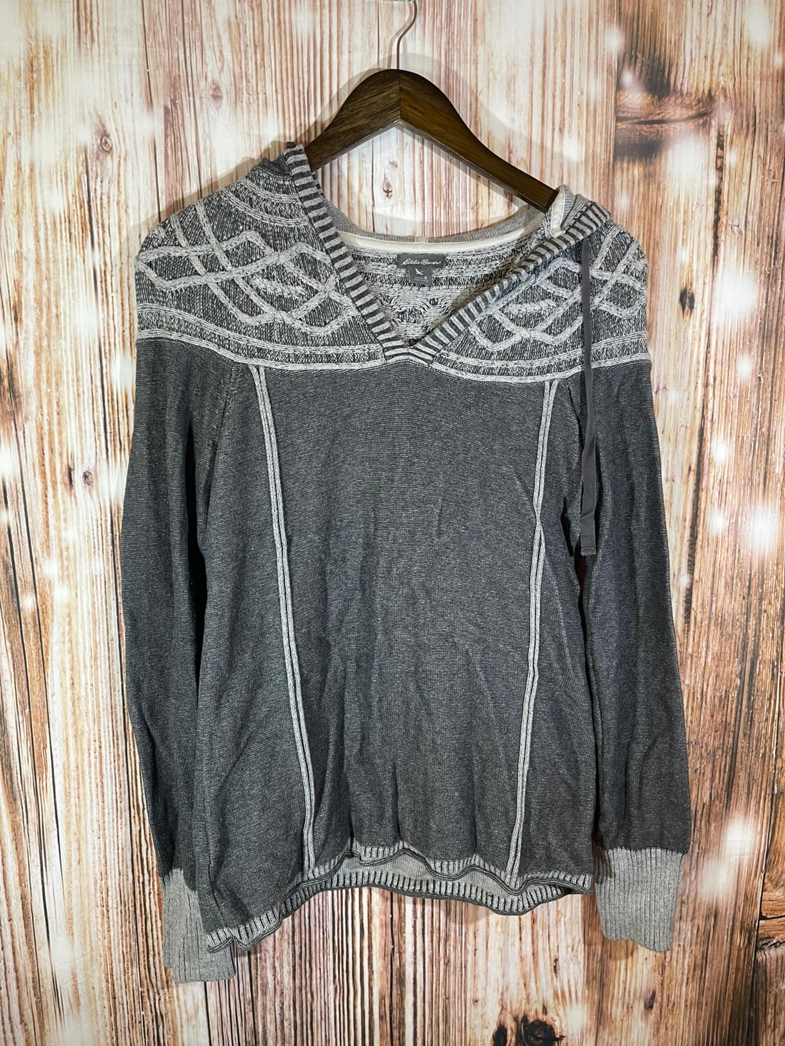 Eddie Bauer Women's Pull Over Hoodie Sweater Dark Gray w Light Gray Design Sz S