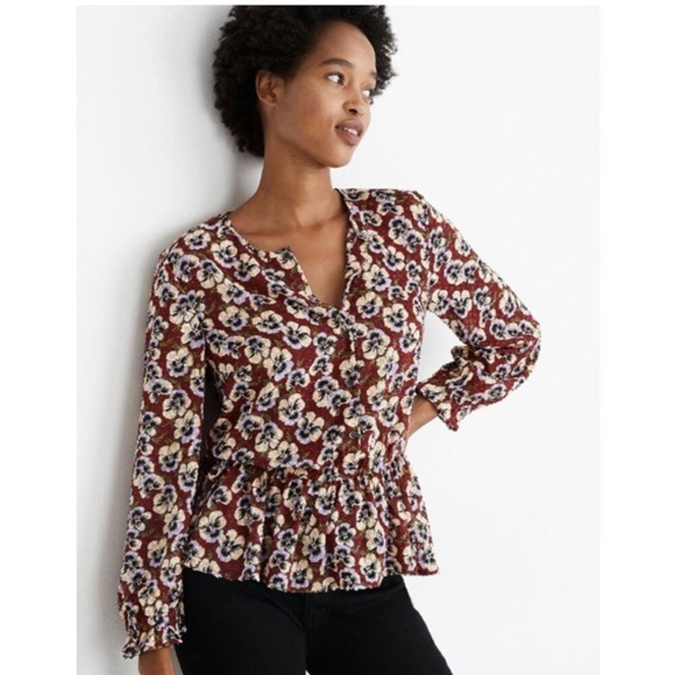 Madewell Viola Floral Button Down Peplum Woven Chiffon Blouse Burgundy XS