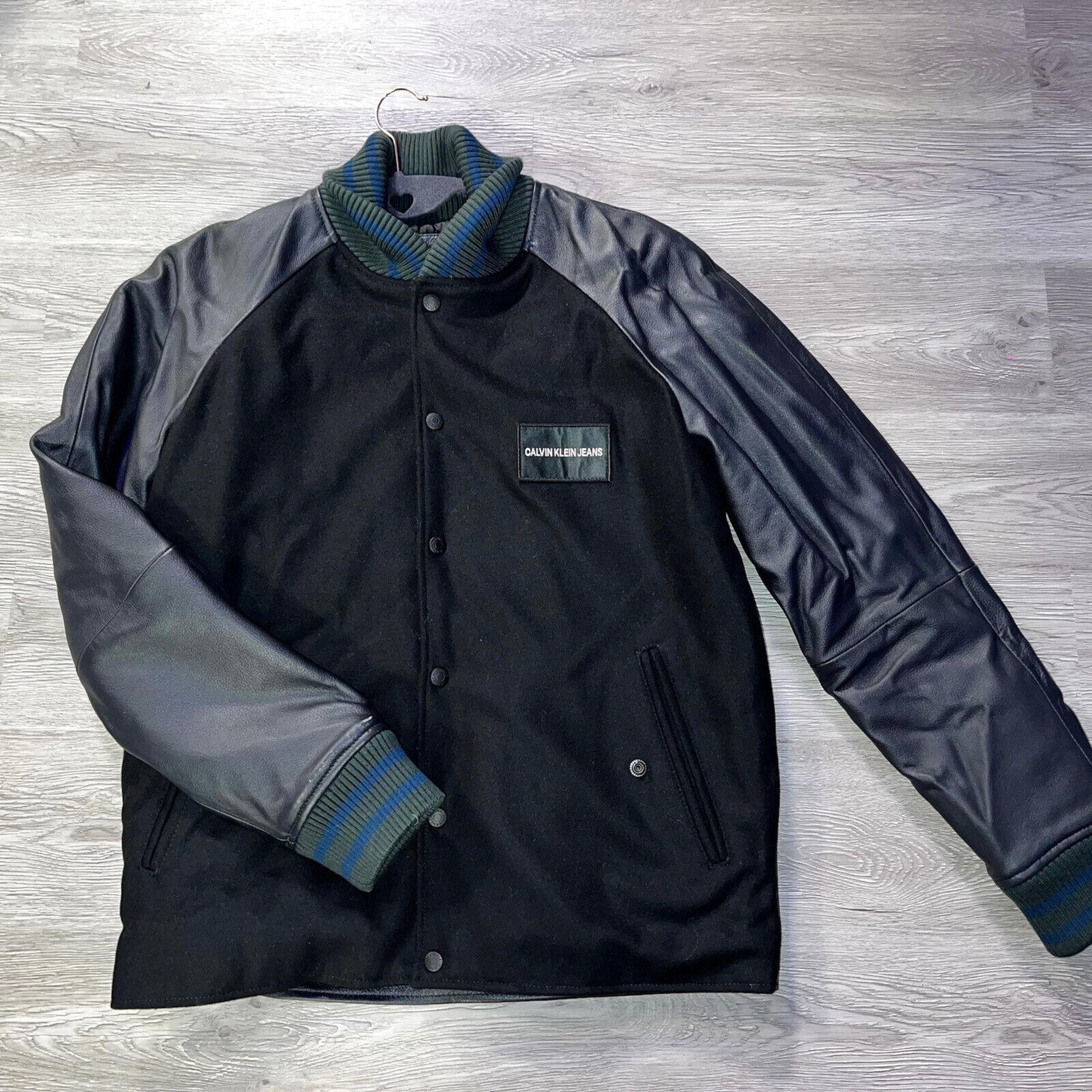 Calvin Klein Jeans Mens Black Leather Sleeves Cotton Jacket M Medium