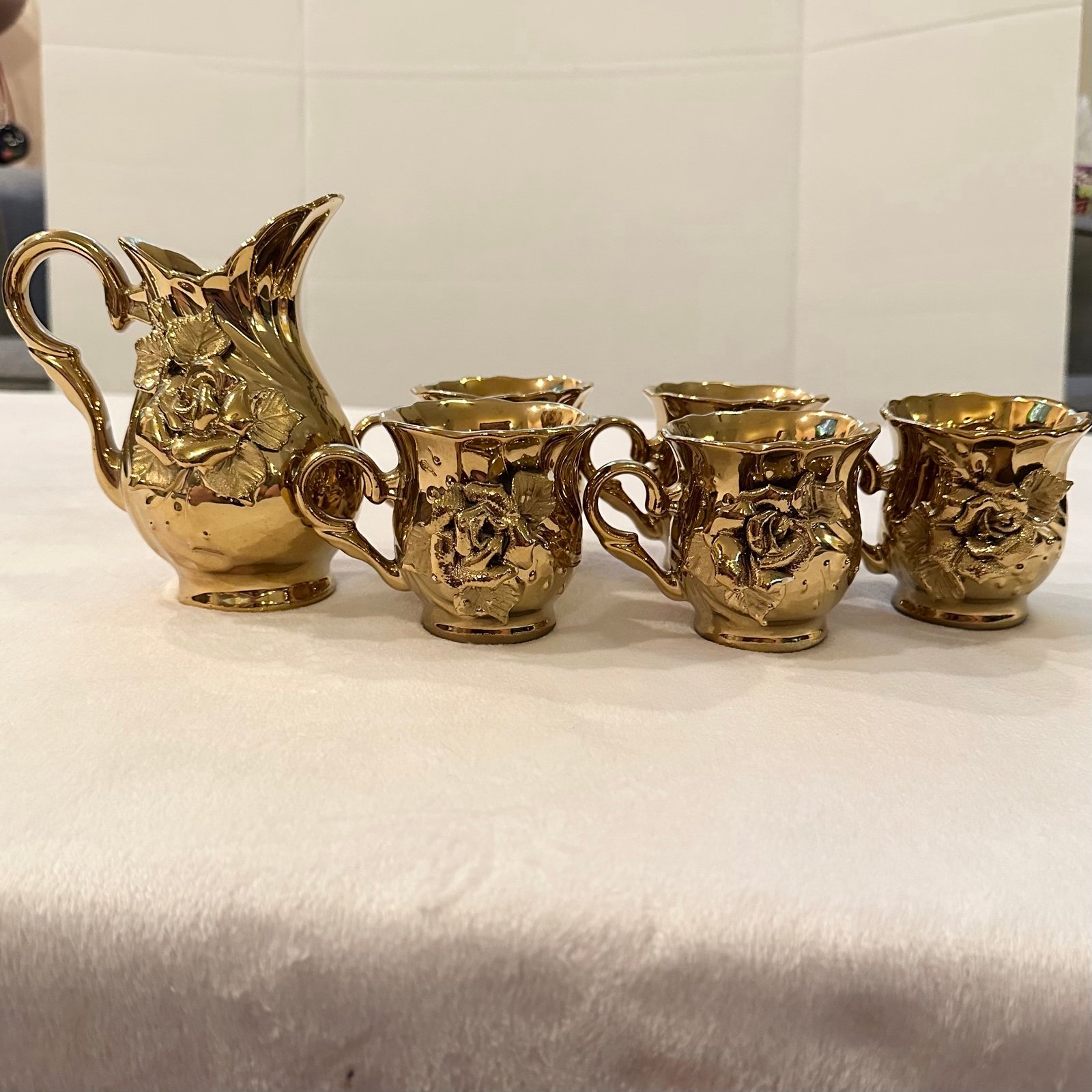 Gold Porcelain 5 Tea Cups Mugs & Pitcher Decanter 3D Rose Flower OOAK Rare