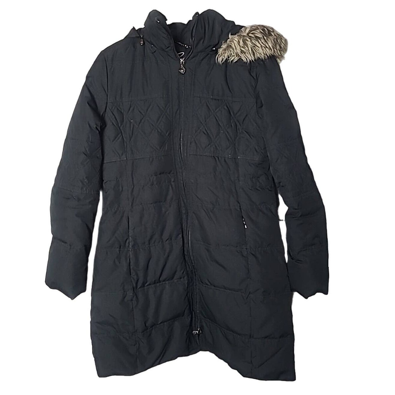 GUESS Black Full Zip Down Faux Fur Trim Hoodie Puffer Coat Womans Size Large