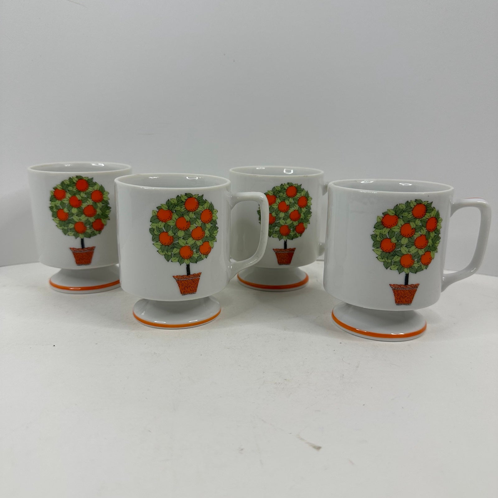 Rossini Orange Tree Topiary Footed Pedestal Coffee Mug Set of 4 Vintage