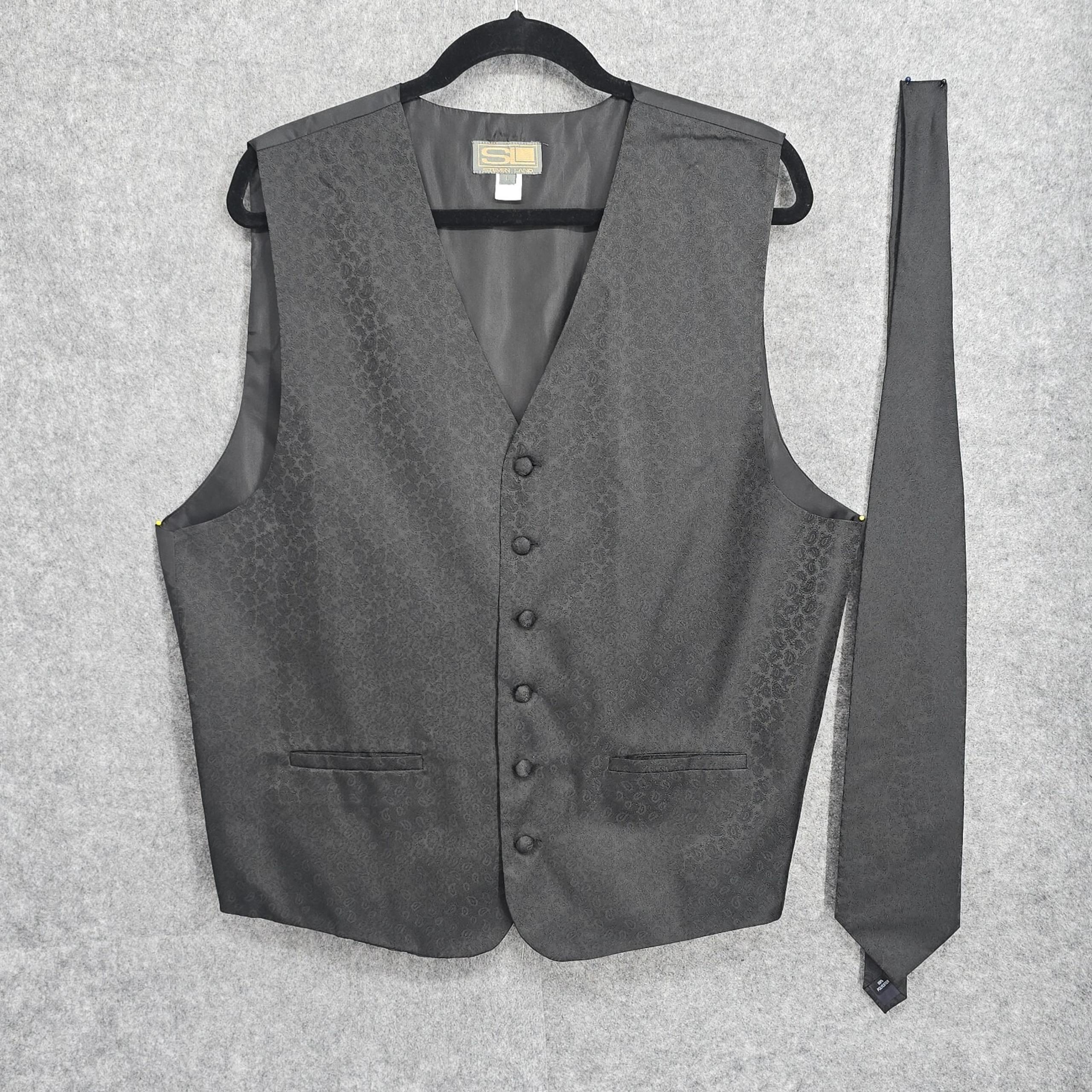 Steven Land Vest and Matching Tie Men's Large Formal V-neck Dark Gray/Brown Tone