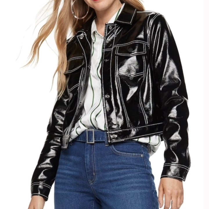 Nine West Women's Black Light Weight Vegan Shiny Leather Moto Jacket Size L