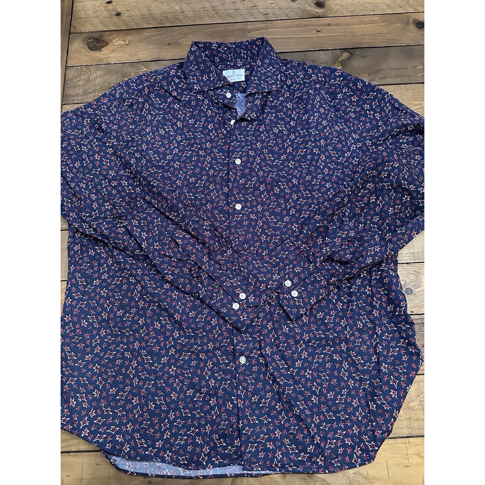 Emanual Berg Stretch Cotton Navy Blue Red Stars Long Sleeve Shirt Mens XL Poland