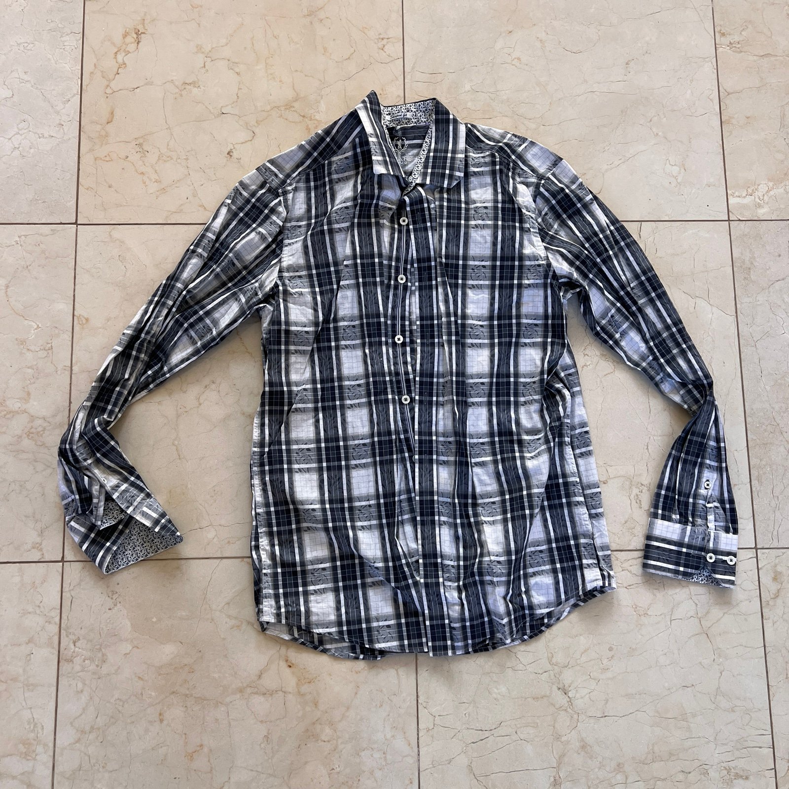 Bugatchi Like New Men's Black and White Plaid Shirt