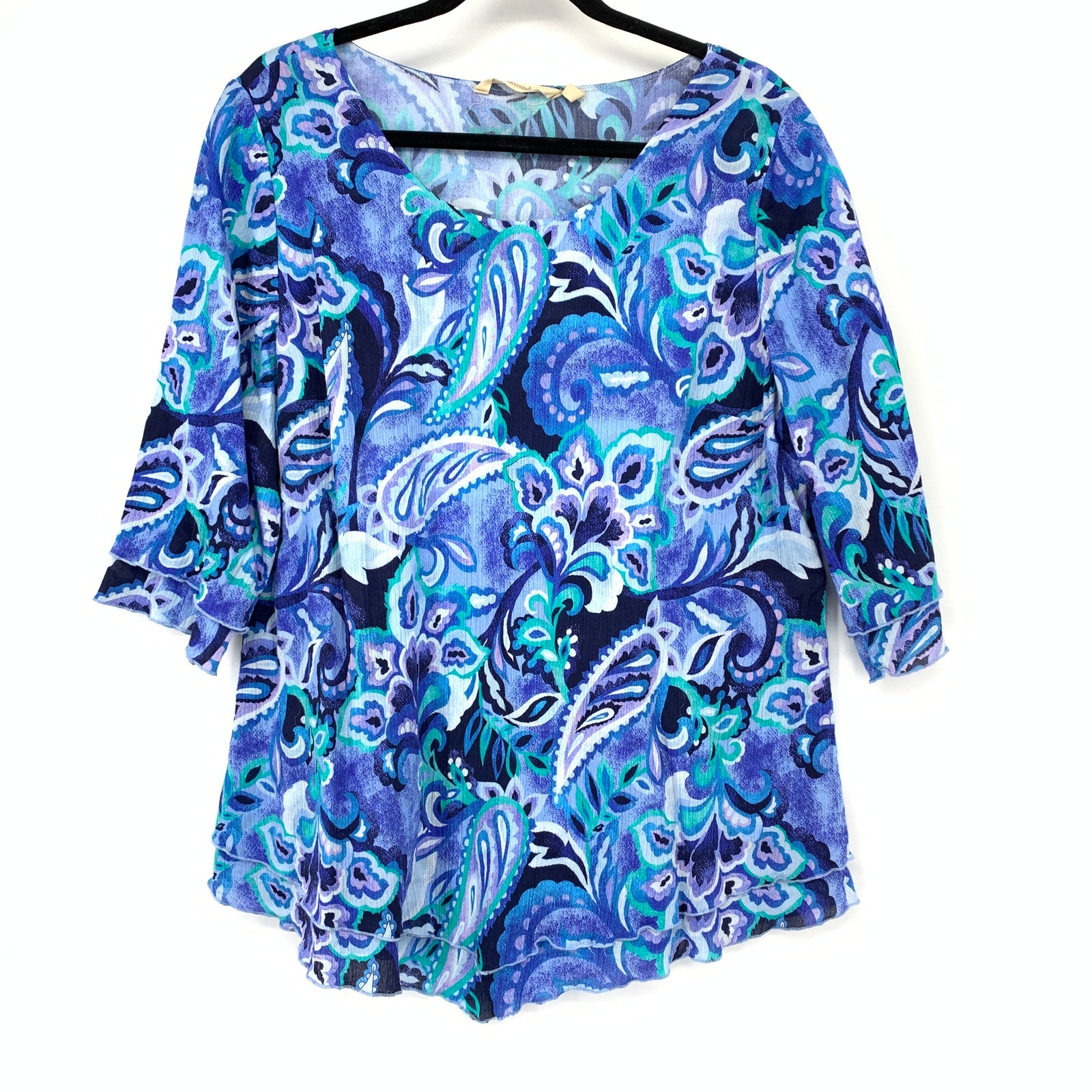 Soft Surroundings Siesta Key Gauze Tunic Top Womens L Blue Paisley Half Sleeve