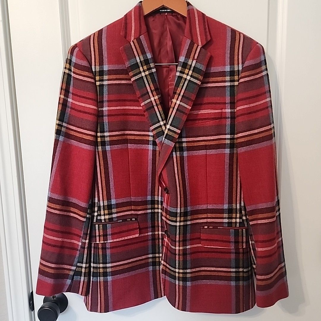 Lauren Ralph Lauren Slim Sport Coat Mens Size 40 Red Tartan Plaid Wool Blazer