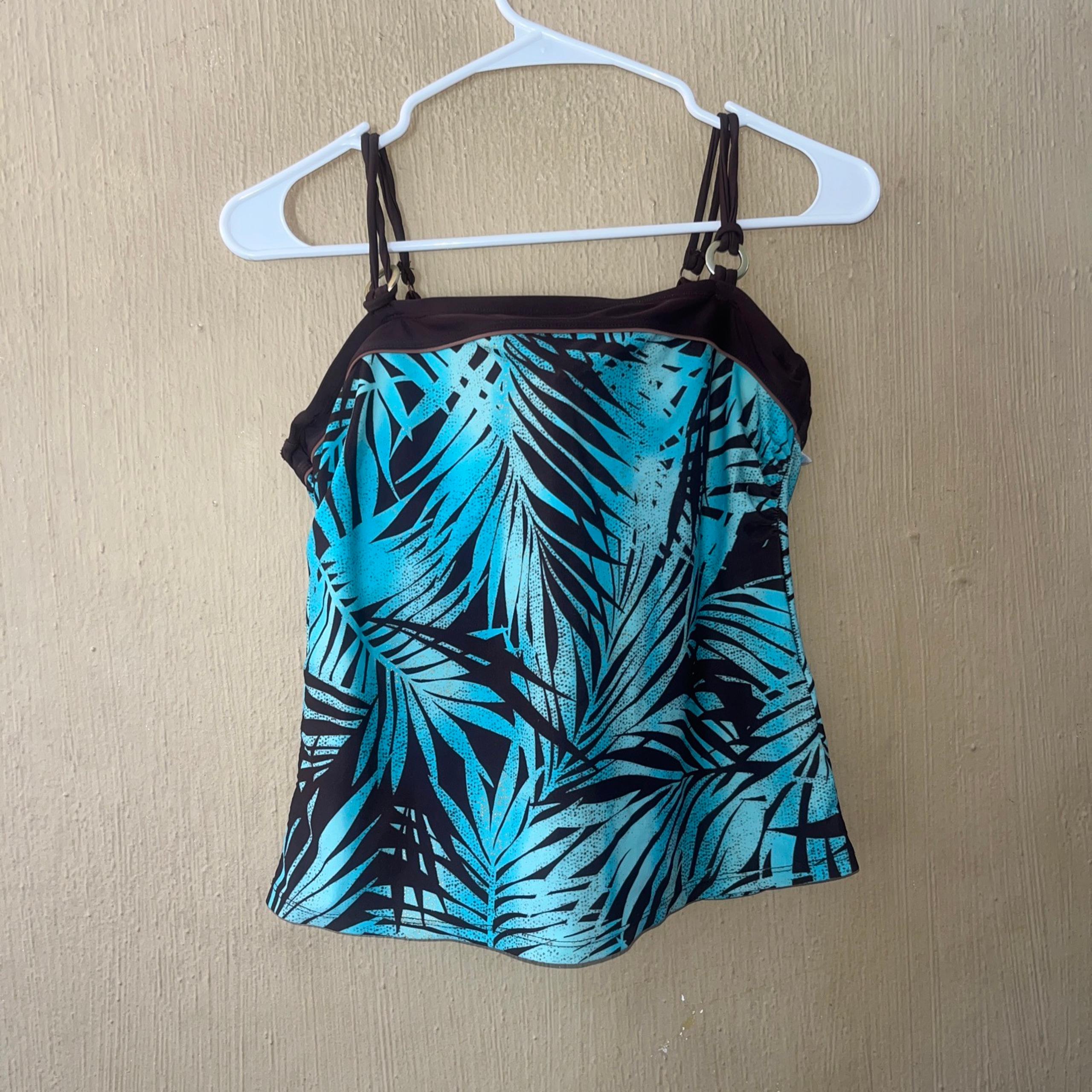 Christina Tankini swim top underwire blue brown size medium palm leaves bikini