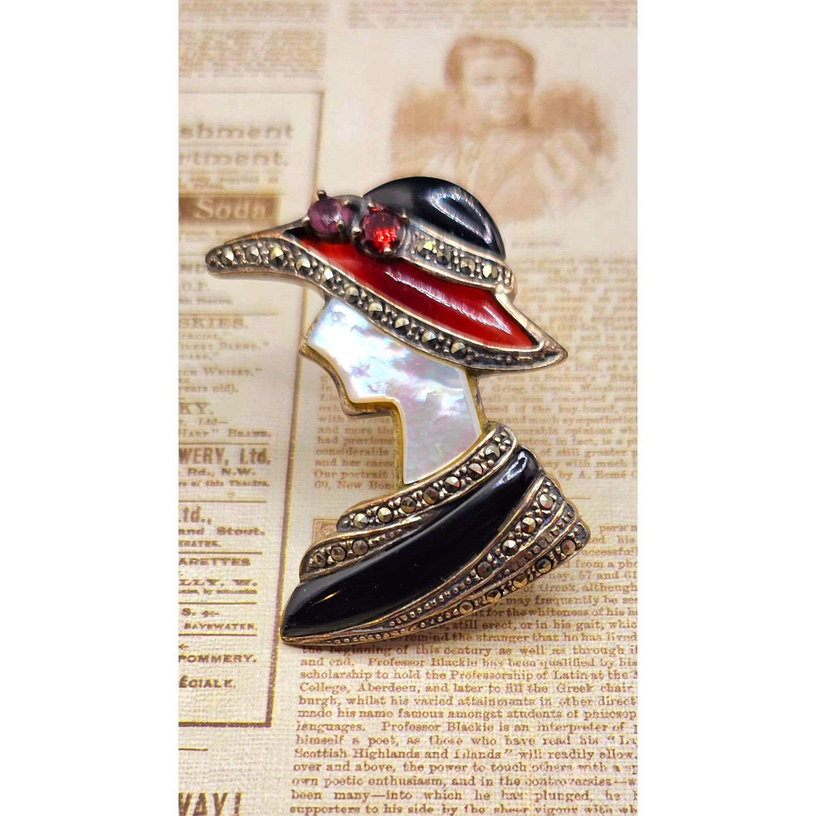 Vintage Sterling Silver, Marcasite, and Mother of Pearl Pin