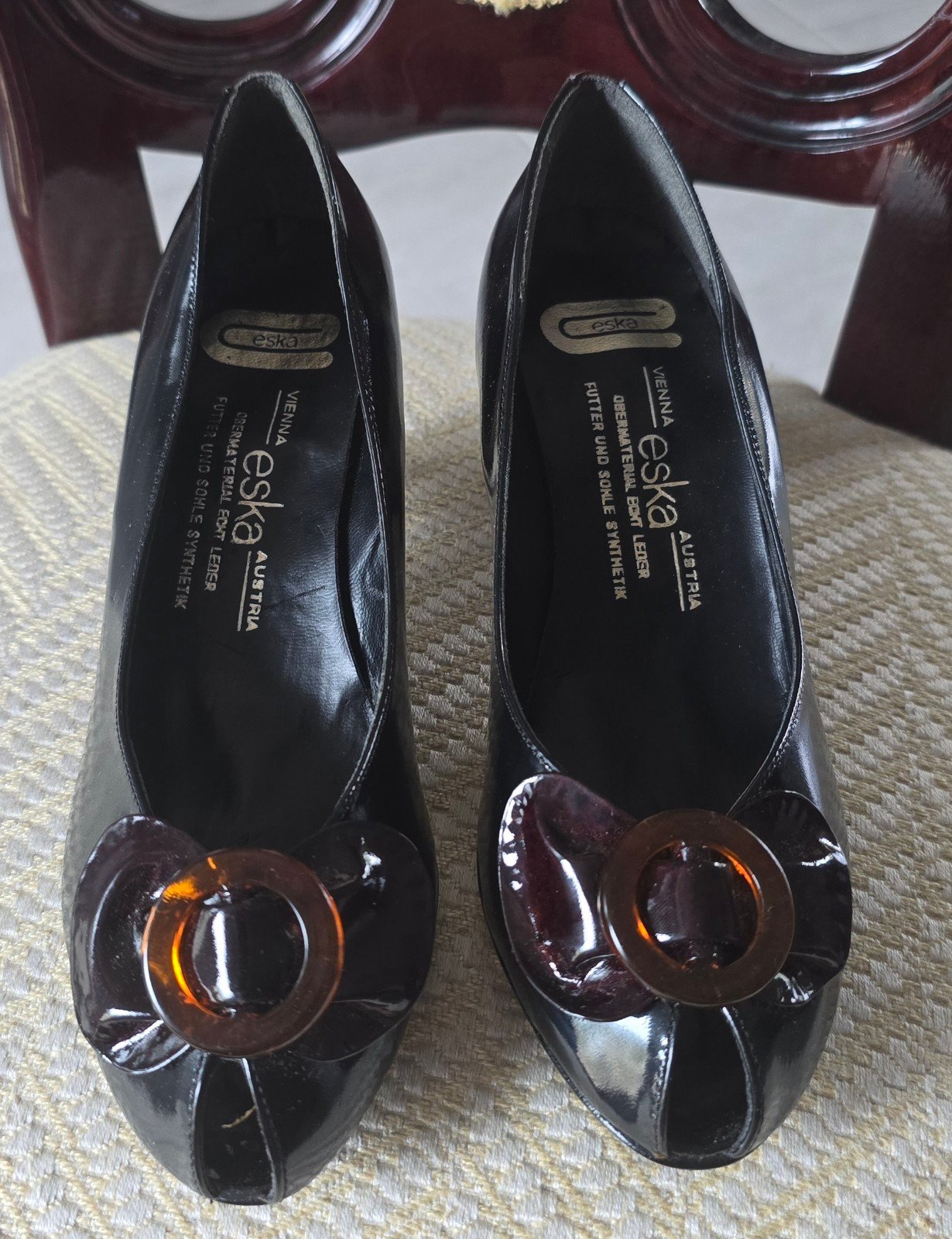 Vintage Eska Austria Women's Lacquered Open-Toe Shoes with Bow S 37- Never Worn