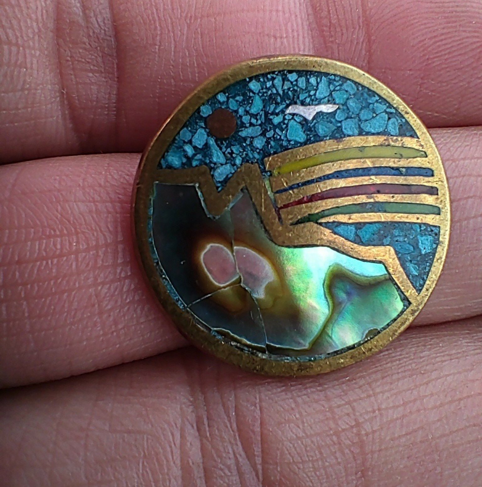 Vintage Mexican inlay turquoise and abolone shell pendant