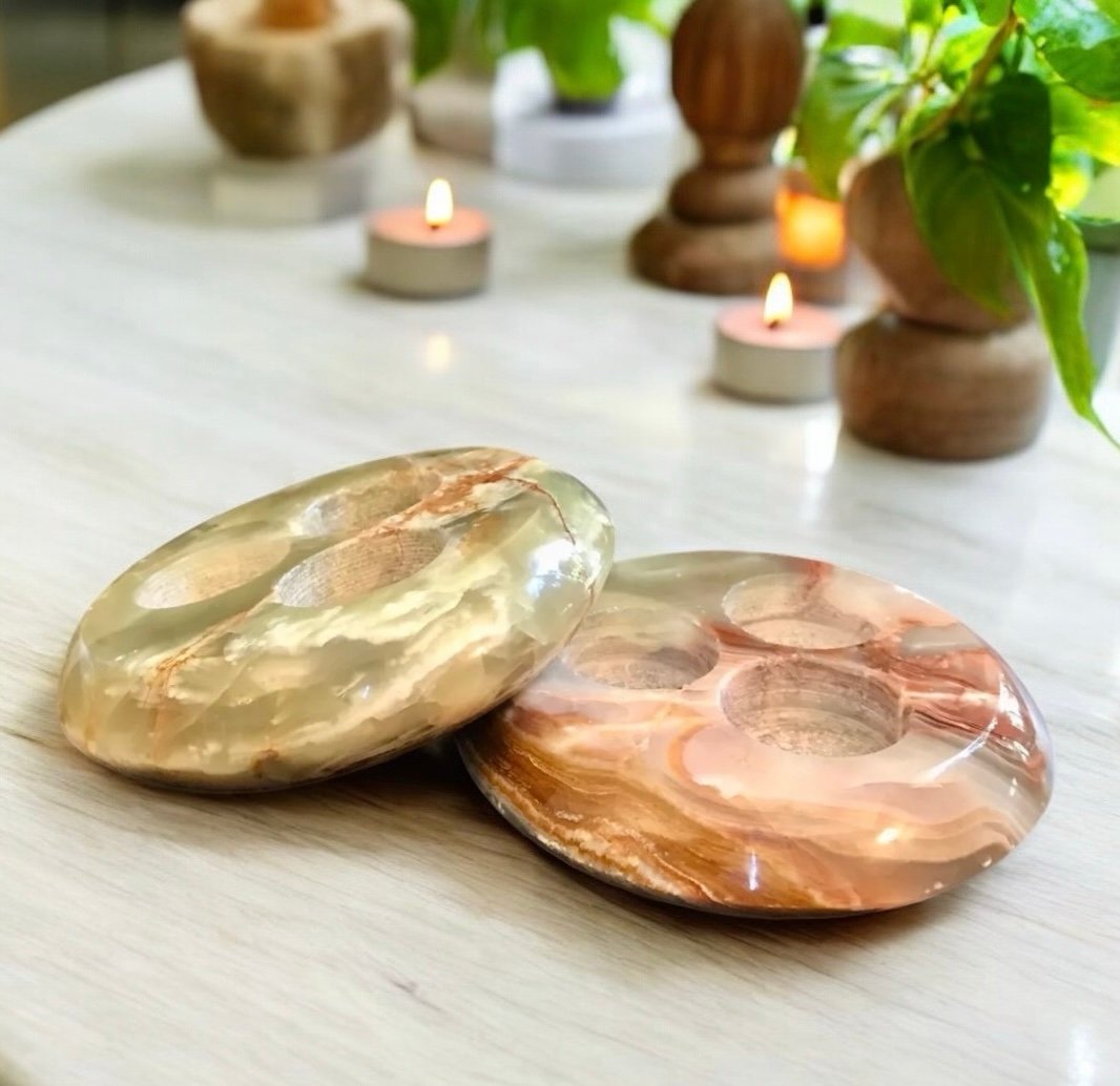 Set 2 Green Onyx Calcite Triple Tea Light Candle Holders Round 6” Stone Pakistan