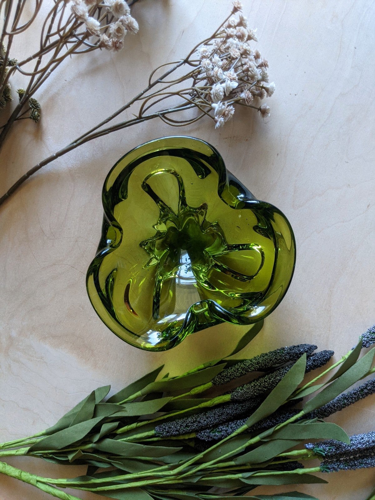 Vintage Hand-Blown Olive Green Italian Murano Art Glass Ashtray Dish Trinket
