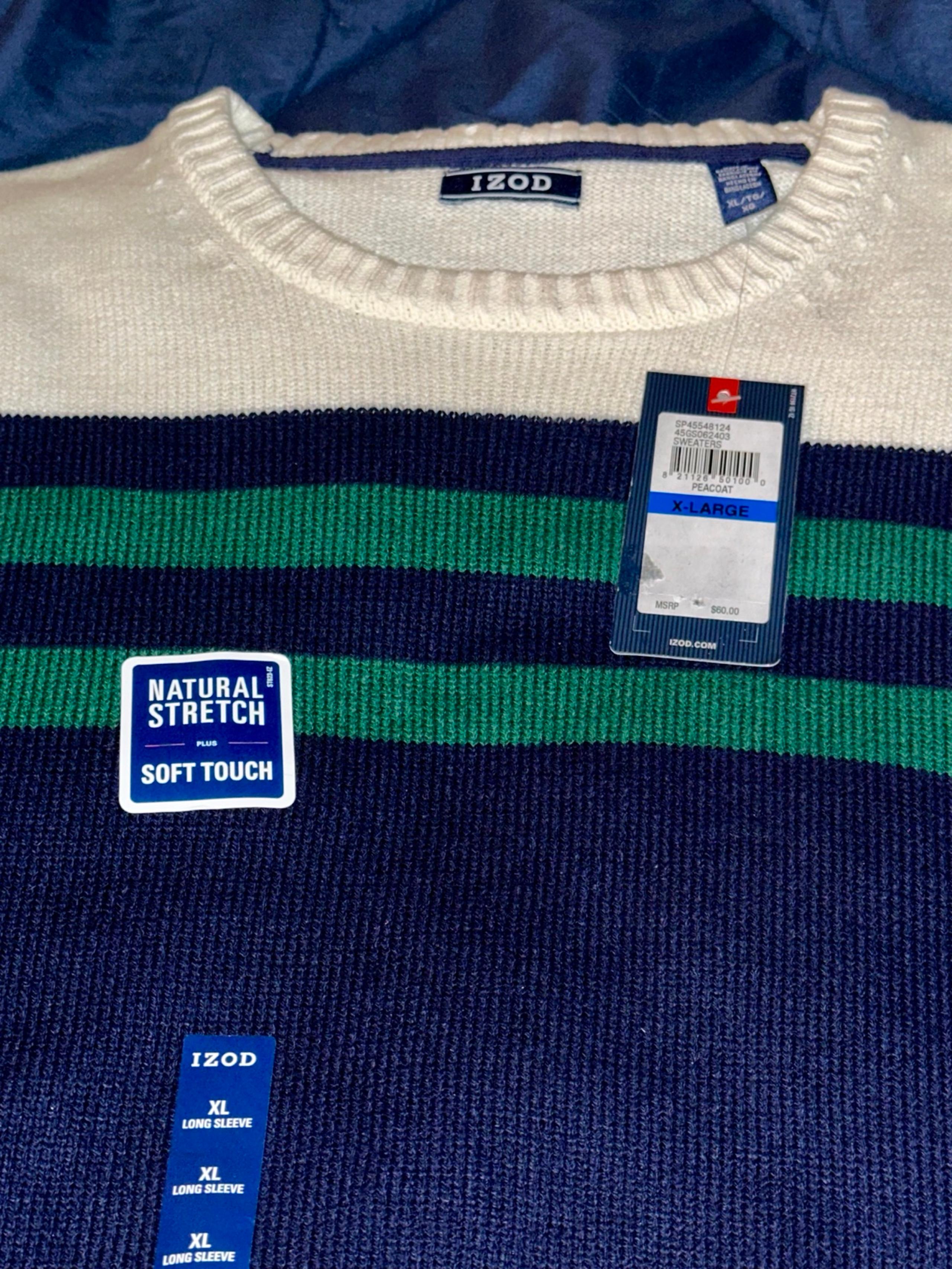 NWT Izod Men's White/Blue/ Green Pullover Sweater Size XL Super Soft