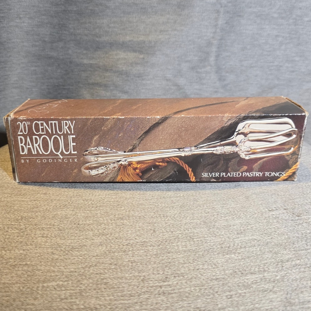 Godinger 20th Century Baroque Silver Plated Pastry Tongs Original Box Christmas