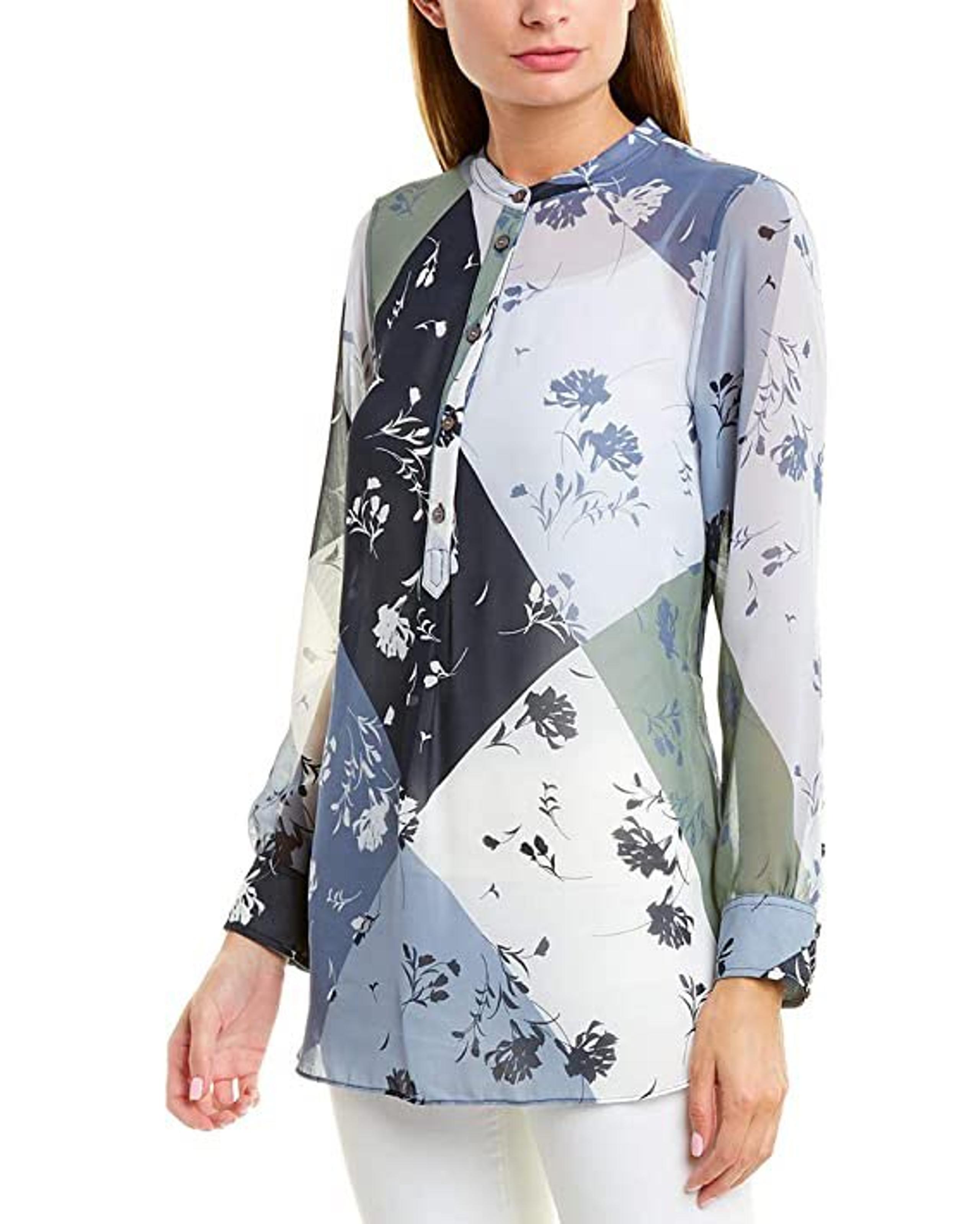 Vince Camuto NWT! Floral Patchwork Henley Antique Blue Long Sleeve Tunic