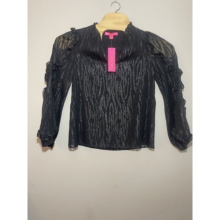 Lilly Pulitzer NWT Ardith Silk Top Zebra Metallic Clip Onyx Size S