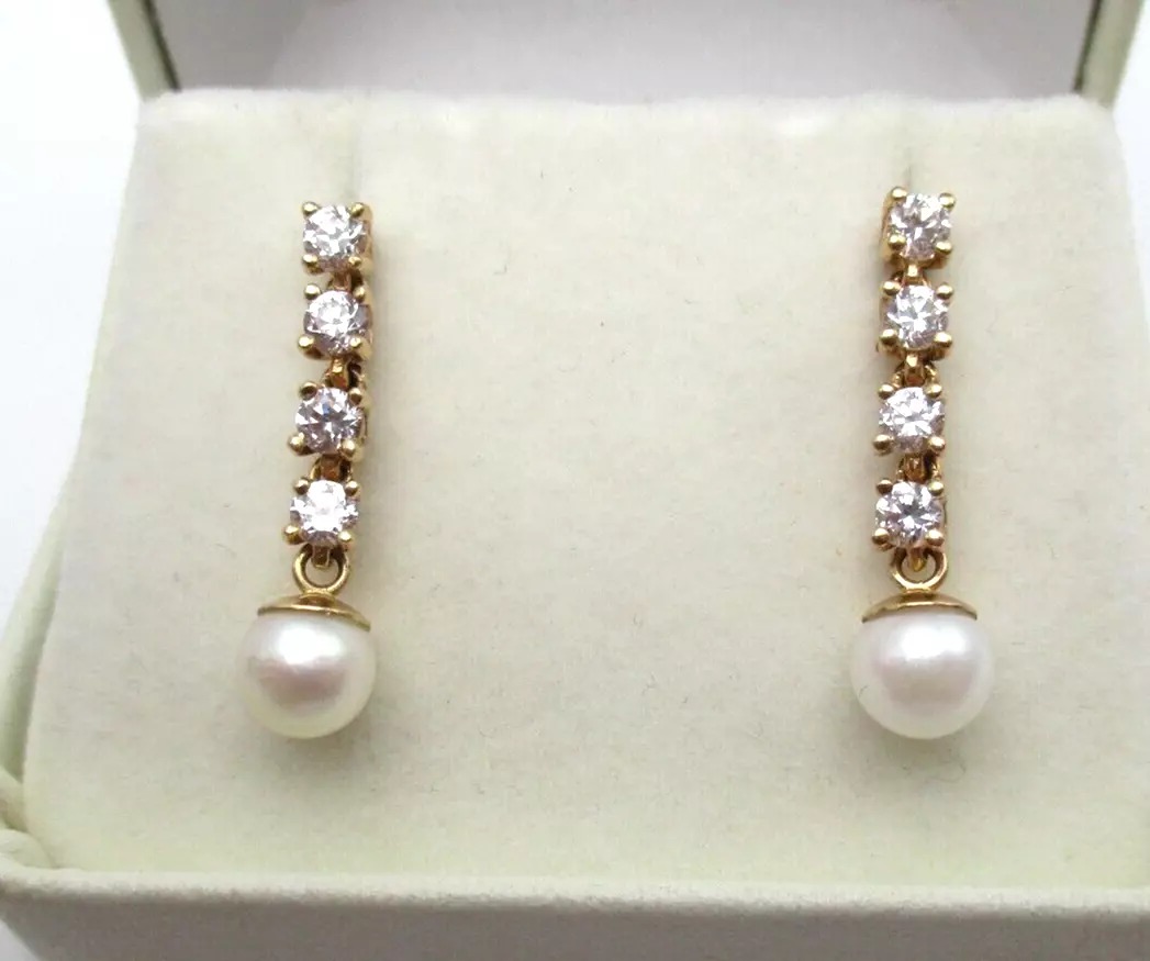 14K Yellow Gold Clear Stone Pearl Drop Earrings [E290]